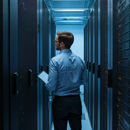 IT-Experte prüft Server in modernem Rechenzentrum